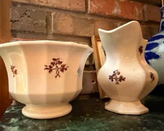 White Ironstone Sugar Bowl Pitcher Brown Transferware Floral Pattern Antique Pottery Vintage Farmhouse Kitchen Collectible
