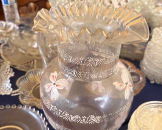 Hand Painted Floral Glass Bowl Ruffled Edge Crystal Compote Vintage Art Glass Glassware Collection