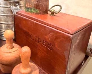 Vintage Wood Recipe Box Butter Molds Stamps Bromwell Flour Sifter Primitive Kitchen Farmhouse Country Antique Kitchenware Collectible