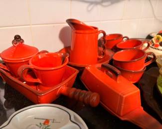 Red Orange Ceramic Dinnerware Set Teapot Cups Bowls Plates Creamer Sugar Vintage Pottery Collection