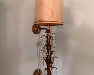 Vintage Brass Wall Sconce Crystal Prisms Fabric Shade Ornate Metalwork Light Fixture Mid Century Lighting