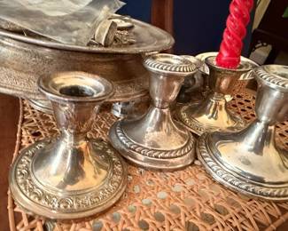 Silver Plate Candlestick Holders Gadroon Edge Pattern Covered Dish Vintage Tableware Entertaining Lot