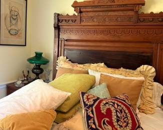 Antique Victorian Carved Wood Bed Ornate Headboard Crown Full Size Green Glass Lamp Decorative Pillows Vintage 1800s Bedroom Furniture Estate