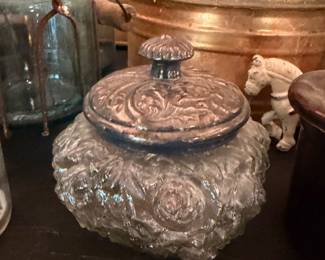 Pressed Glass Covered Candy Dish Compote Ornate Pattern Lid Vintage Crystal Glassware Antique Decorative Bowl