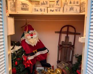 Christmas Decorations Closet Lot Santa Claus Figure Vintage Sled Lantern Christmas Village Buildings Holiday Decor Estate Lot Collectible