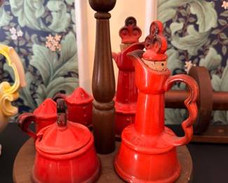 Red Orange Enamel Coffee Pot Teapot Covered Containers Wood Pepper Mill Tray Mid Century Kitchen Set