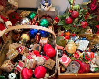 Vintage Christmas Ornaments Basket Lot Glass Ball Ornaments Red Green Blue Gold Figurines Holiday Decorations Estate Lot Collectible