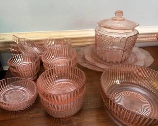 Pink Depression Glass Collection Covered Candy Dish Lid Ribbed Bowls Plates Vintage Glassware Collectible