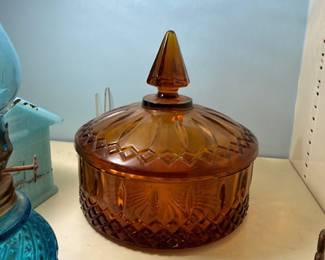 Amber Pressed Glass Covered Candy Dish Compote Pointed Finial Lid Vintage Depression Glass Glassware Collectible