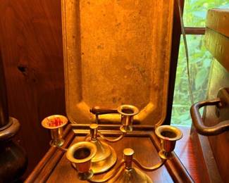 Brass Candlestick Collection Tray Set Multiple Holders Vintage Candelabra Antique Brass Decor Traditional Lighting Collectible