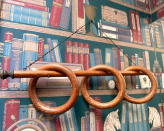 Vintage Wood Hanging Hat Rack Three Rings Chain Mount Wall Display Books Bookshelf Library Collection Hardcover Vintage Books Lot