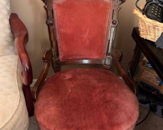 Antique Victorian Parlor Chair Red Velvet Upholstery Carved Dark Wood Frame Ornate Crown Round Seat Accent Chair Vintage 1800s Seating Furniture