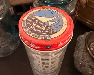 South Shore Spanish Olives Vintage Glass Jar Red Lid Sailboat Graphic Advertising Kitchen Collectible Antique