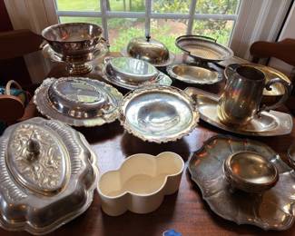 Silver Plate Covered Dishes Bowls Water Pitcher White Ceramic Divided Dish Serving Pieces Vintage Silverplate Lot