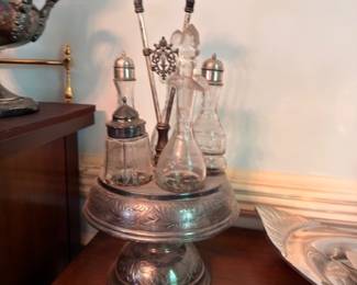 Victorian Silver Plate Cruet Set Glass Bottles Ornate Handle Condiment Stand Antique