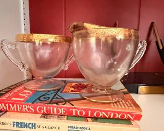 Gold Trim Glass Creamer Sugar Set Gilt Edge Vintage Glassware Travel Books Frommers Guide French Phrasebook