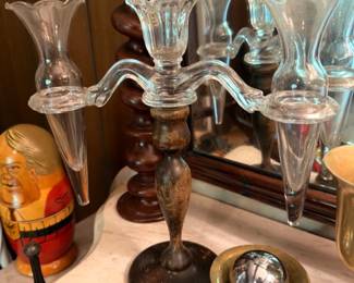Antique Glass Epergne Centerpiece Fluted Trumpet Vases Brass Base Victorian Table Centerpiece Vintage Elegant Glassware Collectible