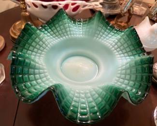 Victorian Green Quilted Diamond Art Glass Bowl Ruffled Edge White Opalescent Interior Brides Bowl Antique Glassware Collectible