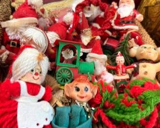 Vintage Christmas Decorations Santa Figurines Elf Ornaments Holiday Collectibles Basket Lot
