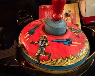 Vintage Tin Litho Spinning Top Toy Space Rocket Astronaut Theme Red Blue 1950s 1960s Tin Toy Collectible