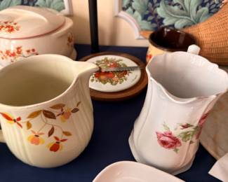 Floral Ceramic Pitcher Rose Pattern Autumn Leaf Trivet Brown Bean Pot Vintage Pottery Kitchen Lot