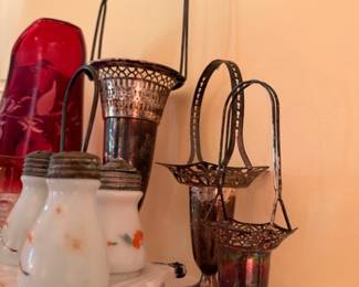 Ornate Silver Plate Pierced Baskets Ruby Glass Vase Hand Painted Jar Victorian Metalware Vintage Lot