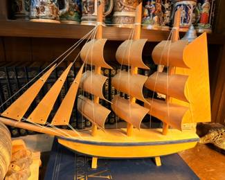 Large Wood Model Sailing Ship Clipper Sails Rigging Nautical Decor Vintage Handmade Boat Model German Beer Steins Background