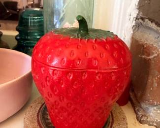Vintage Ceramic Strawberry Cookie Jar Canister Lid Red Fruit Kitchen Pottery Green Glass Insulator Pink Bowl Retro Kitchenware Collectible