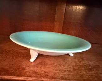 Turquoise Aqua Footed Oval Ceramic Planter Dish Mid Century Modern Pottery Vintage