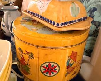 Hand Painted Ceramic Cookie Jar Canister Lid Yellow Folk Art Floral Design Vintage Pottery Kitchen Storage