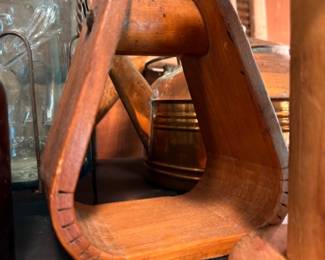 Antique Wood Stirrup Horse Tack Equestrian Gear Blue Glass Mason Jar Primitive Country Farmhouse Decor Vintage Collectible