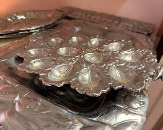 Embossed Aluminum Serving Tray Close Up Leaf Grape Design Silver Tone Platter Vintage Entertaining