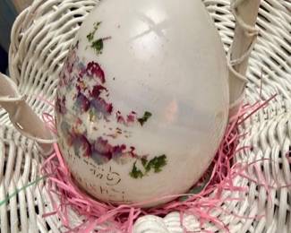 Large Porcelain Easter Egg Hand Painted Floral Design White Wicker Basket Vintage Spring Decor