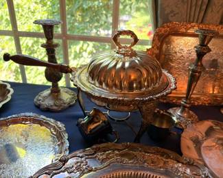 Silver Plate Covered Dome Dish Brass Candlesticks Ornate Tray Vintage Silverplate Serving Pieces