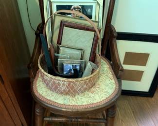 Antique Wood Chair Assorted Picture Frames Woven Round Side Table Vintage Frames Collection Estate Art Supplies Home Decor Accessories