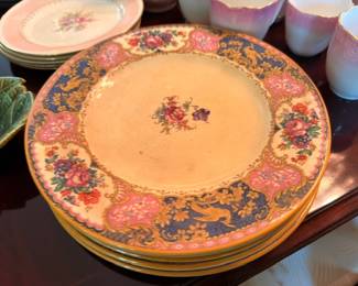 Vintage Floral China Plates Stacked Blue Rose Border Pattern Porcelain Dinner Plates Set