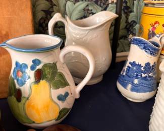 Ceramic Pitchers Collection White Ironstone Blue Willow Pattern Hand Painted Fruit Pottery Vintage Kitchen Lot