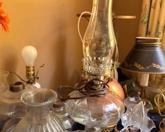 Antique Oil Lamps Collection Glass Chimneys Silver Plate Pieces Crystal Glass Bowls Brass Lamp Bases Victorian Lighting Vintage Estate Lot Collectible
