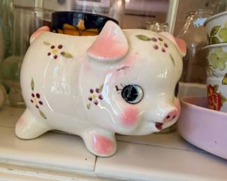 Vintage Ceramic Pig Piggy Bank Floral Design Pink Ears Hand Painted Pottery Figurine Mid Century Kitsch Nursery Collectible