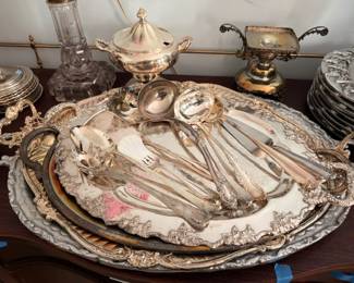 Silver Plate Serving Utensils Flatware Ornate Tray Covered Tureen Vintage Silverplate Lot