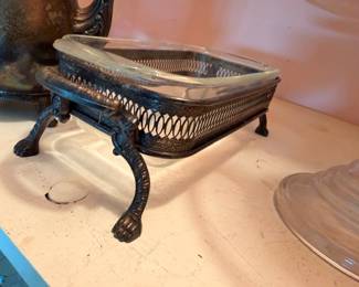 Silver Plate Footed Casserole Holder Glass Insert Ornate Claw Feet Chafing Stand Victorian Silverplate