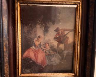 Antique Oil Painting European Genre Scene Figures Gilt Wood Frame Classical Art