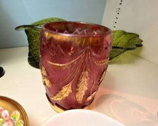 Cranberry Amethyst Art Glass Tumbler Gold Painted Leaf Design Victorian Hand Painted Glassware Antique Collectible