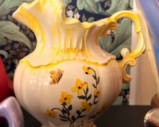 Ornate Victorian Ceramic Pitcher Yellow Gold Green Leaf Accents Hand Painted Floral Design Vintage Pottery