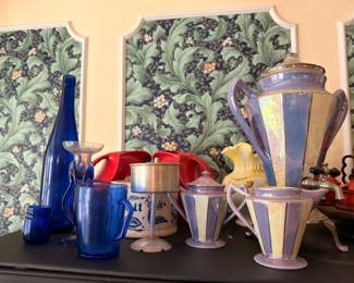 Cobalt Blue Glass Bottles Vases Lavender Luster Ware Pitcher Art Pottery Ceramic Urn Vintage Glass Collection