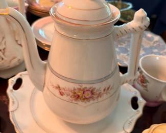 Porcelain Coffee Pot Chocolate Pot Floral Band Gold Trim Figural Finial Lid Vintage China