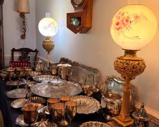 Silver Plate Collection Room Overview Regulator Wall Clock Painted Glass Parlor Lamp GWTW Lamp Antiques
