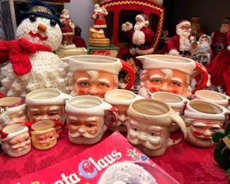 Vintage Santa Claus Face Mugs Collection Ceramic Christmas Cups Snowman Figurines Holiday Decorations Santa Claus Collectible Lot