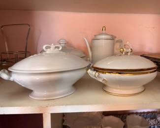 White Ironstone Covered Tureens Gold Trim Teapot Serving Dishes Antique China Dinnerware Lot