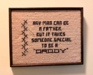 Framed Cross Stitch Needlework Father Daddy Quote Wood Frame Vintage Embroidery Handmade Textile Art Sentimental Wall Decor
